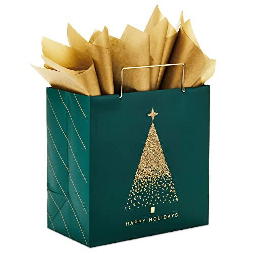 Hallmark Signature 7 Medium Christmas Gift Bag with Tissue Paper (Hunter  Green and Gold Tree, Happy Holidays) with Foil, Glitter, Metal Handle 